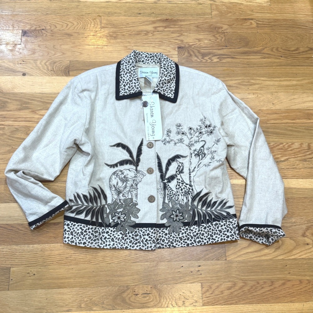 Sharon Young Sportswear Linen Blend Safari Blazer Leopard Print Embroidered S